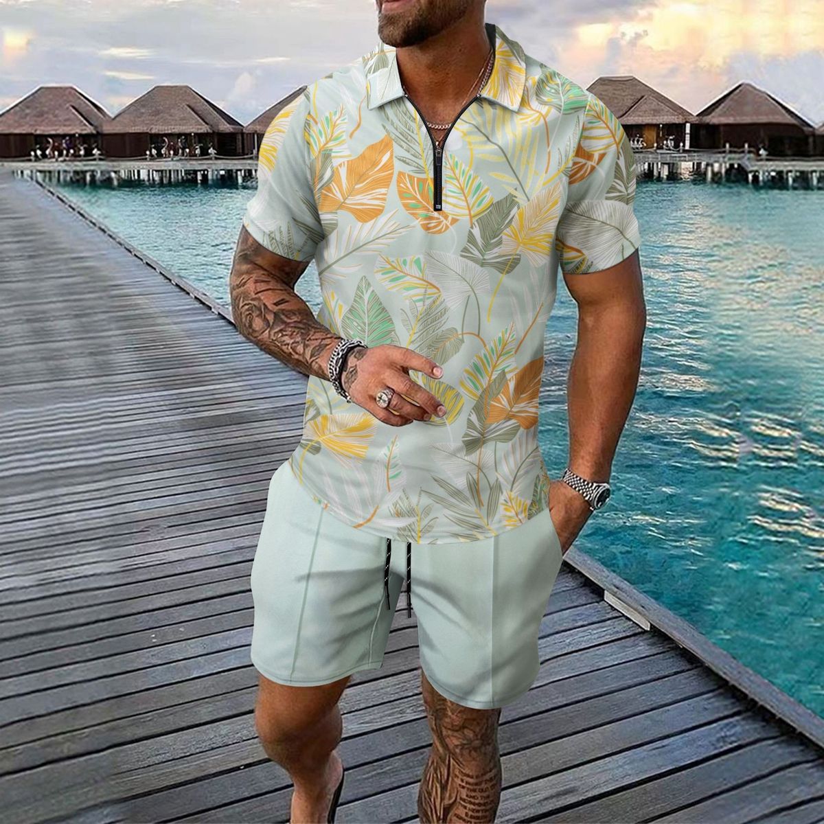 Men's Clothing Leisure Beach Leaves Outdoor Zipper Short Sleeve Shorts Two Piece Suit_viptrois.com