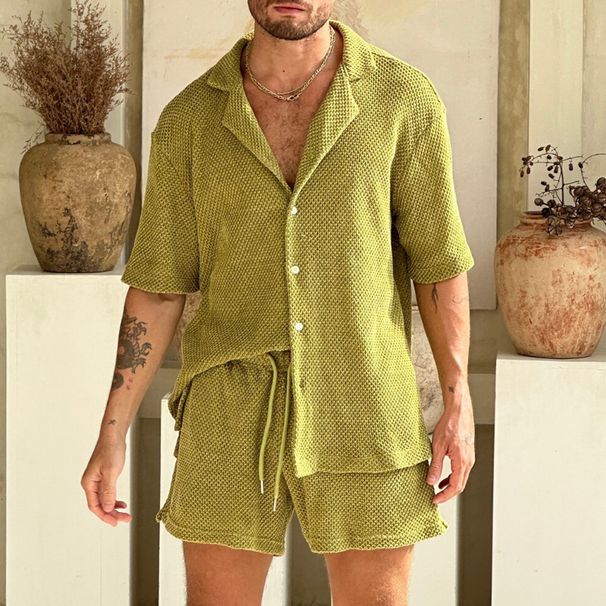 Men's Clothing Solid Color Short Sleeved Lapel Button Top Casual Lace Up Shorts Men's Suit_viptrois.com