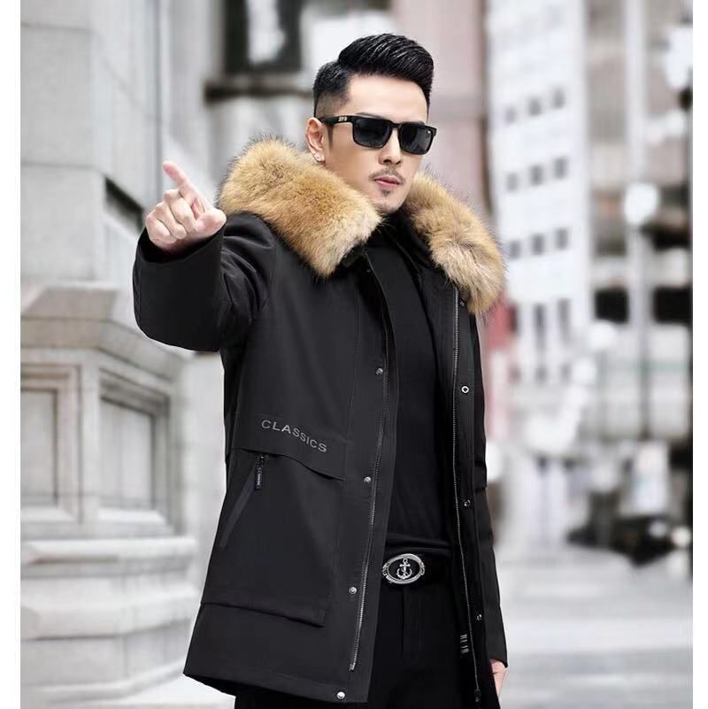 "Men's Mid-Length Parka Coat With Detachable Rex Rabbit Fur Lining & Fox Fur Collar – Premium Winter Outerwear"_viptrois.com