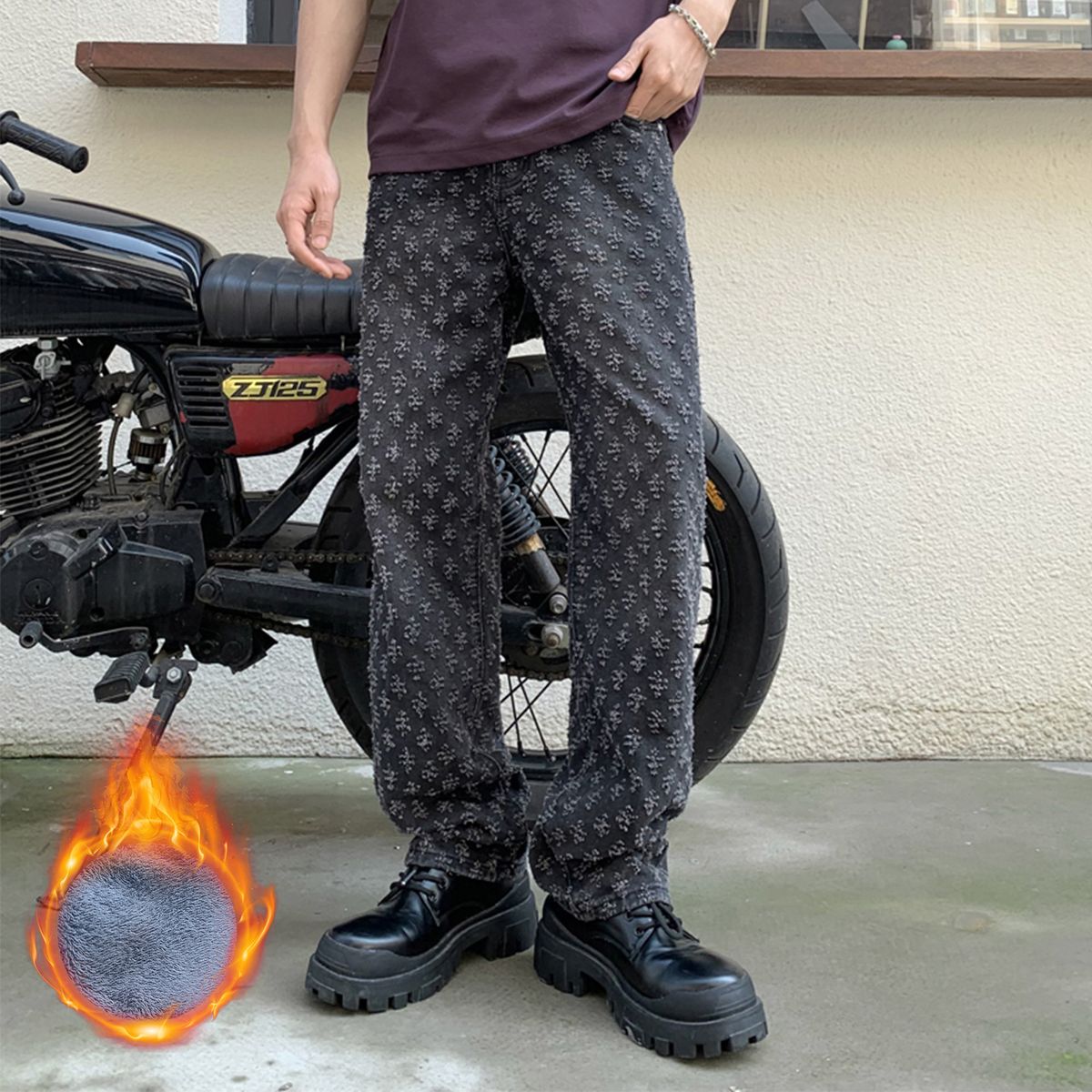 Fleece-Lined Relaxed Fit Jeans – Vintage Washed Straight-Leg Denim Pants With Hand-Painted Fading (Low Waist, No Stretch, Cold Weather Ready)_viptrois.com