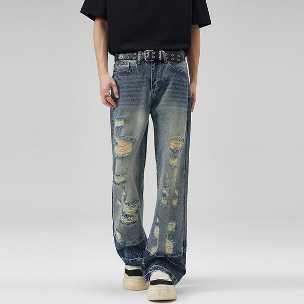 LKTM Men's Wear # New Trendy Brand Water Ripple Micro La Washed Jeans With Male And Female Design Sense High Street_viptrois.com