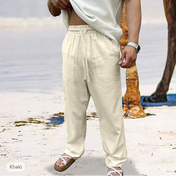 Men's Clothing Straight Casual Pants Elastic Pants Shuttle Trousers Solid Color Cotton And Linen Pants_viptrois.com