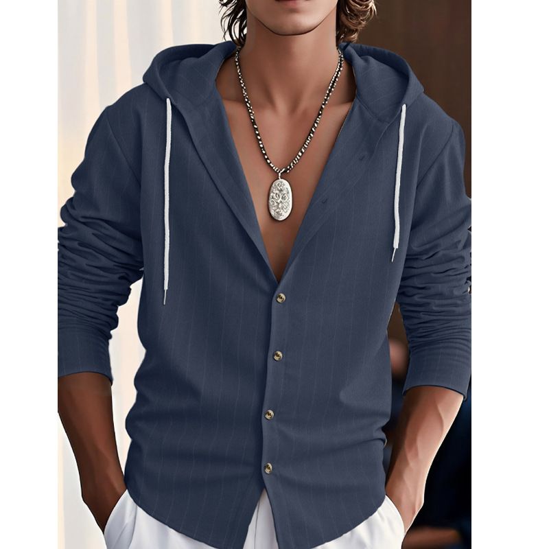 Men's Clothing Linen Hooded Shirt - Breathable, Drawstring Casual Top | Slim & Oversize Fit | Solid Colors (White/Navy/Black/Khaki/Light Blue)_viptrois.com