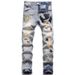 Loom European And American High Street Five-Pointed Star Patch Ripped Jeans For Men, Slim Fit Straight Casual Long Pants_viptrois.com