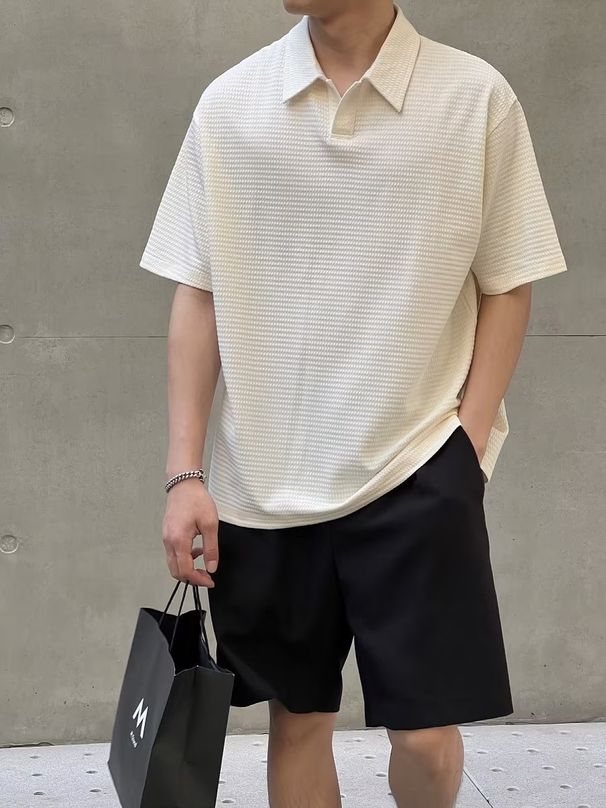Men's Clothing Summer New Short Sleeved Polo Shirt For Men, Loose Lapel T Shirt, Textured Half Sleeved Casual Top_viptrois.com