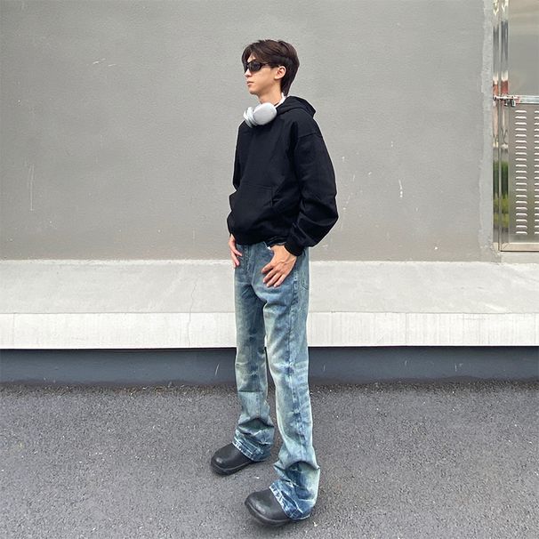 Men's Clothing High Street Old Washed Cleanfit Jeans Men's Trendy Straight Slim Flared Pants_viptrois.com