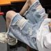 Men's Style Distressed Denim Shorts Frayed Edges Splatter Paint Effect Elastic Waist Five Point Summer Thin Mid-Length_viptrois.com