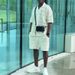 Men's Spring/Summer Openwork Design Collared Button Shirt Loose Casual Shorts Suit_viptrois.com