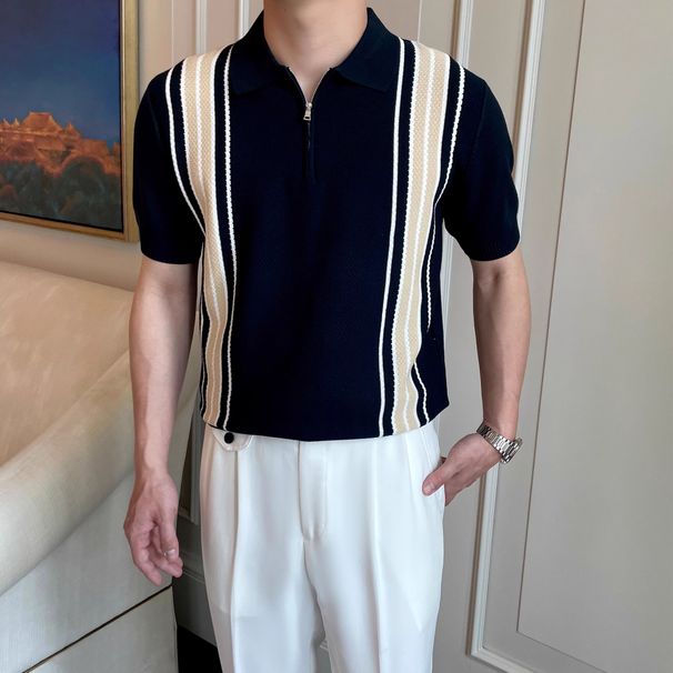 Men's Clothing Light Luxury Short Sleeved Polo Shirt For Men In Summer With Half Zipper Lapel Striped Breathable Casual Knitted Top T Shirt_viptrois.com