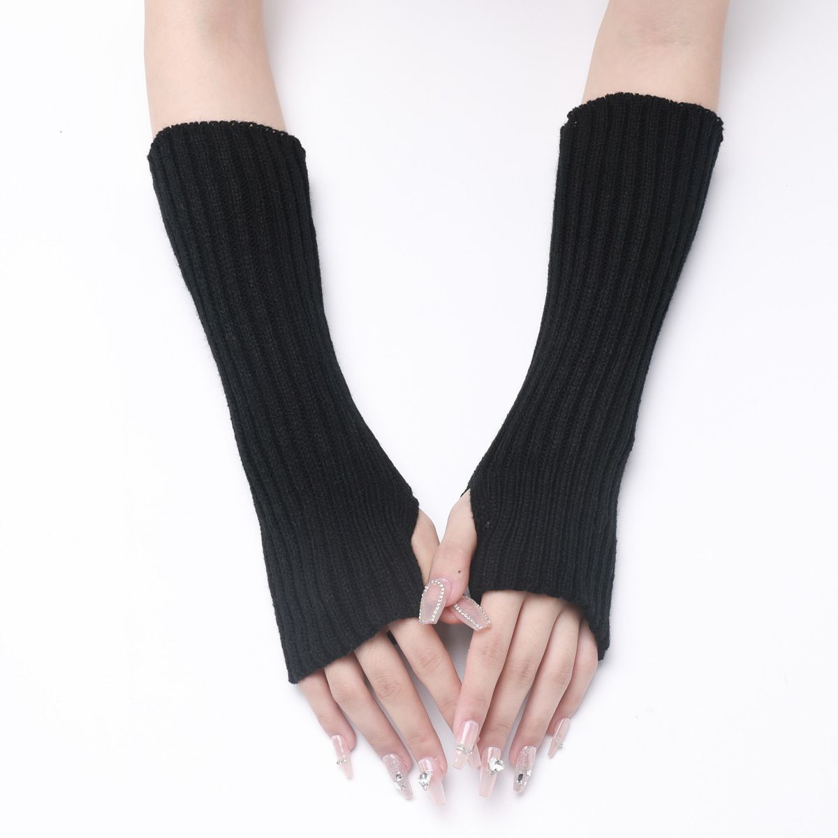 Long Striped Gloves New Autumn And Winter Wool Sleeves Men And Women Medium Length Knitted Warm Fingerless Sleeves_viptrois.com