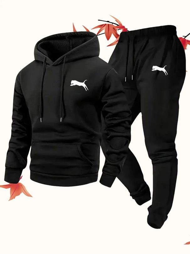 Autumn And Winter 2-piece Set Men's Long Sleeved Round Neck Black Top Loose Casual Hoodie Hooded Hoodie Long Pants Set_viptrois.com