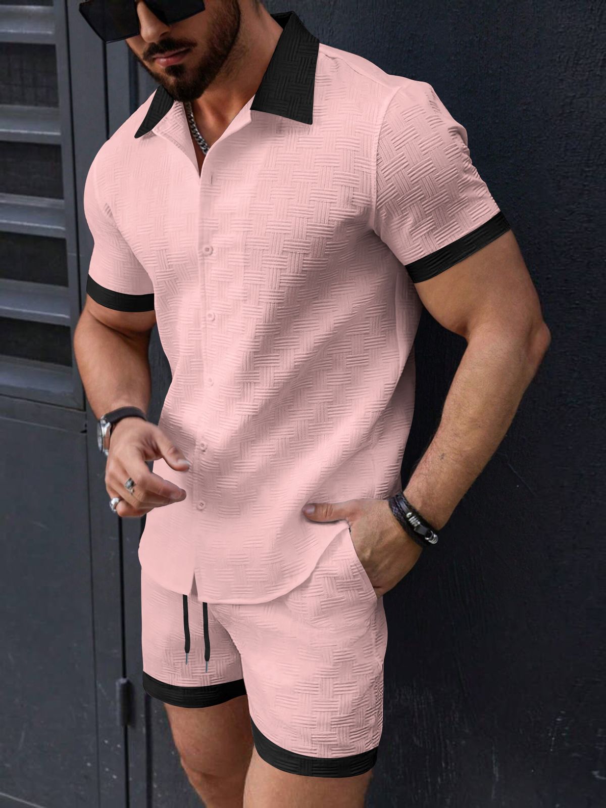 Men's Clothing Summer Men's Shirt Casual Colorblock Short sleeved Shorts Beach Suit_viptrois.com