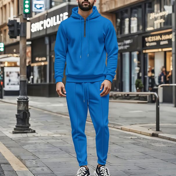Men's Waffle Knit Hooded Half-zip Pullover & Jogger Set - Casual Lounge Wear For Autumn (Khaki, Black, White, Gray, Blue)_viptrois.com