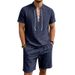 Men's Retro Tie Up Stand Collar Linen Short Sleeve T-Shirt And Shorts Set Summer Trendy Commuter Wear Simple Style_viptrois.com