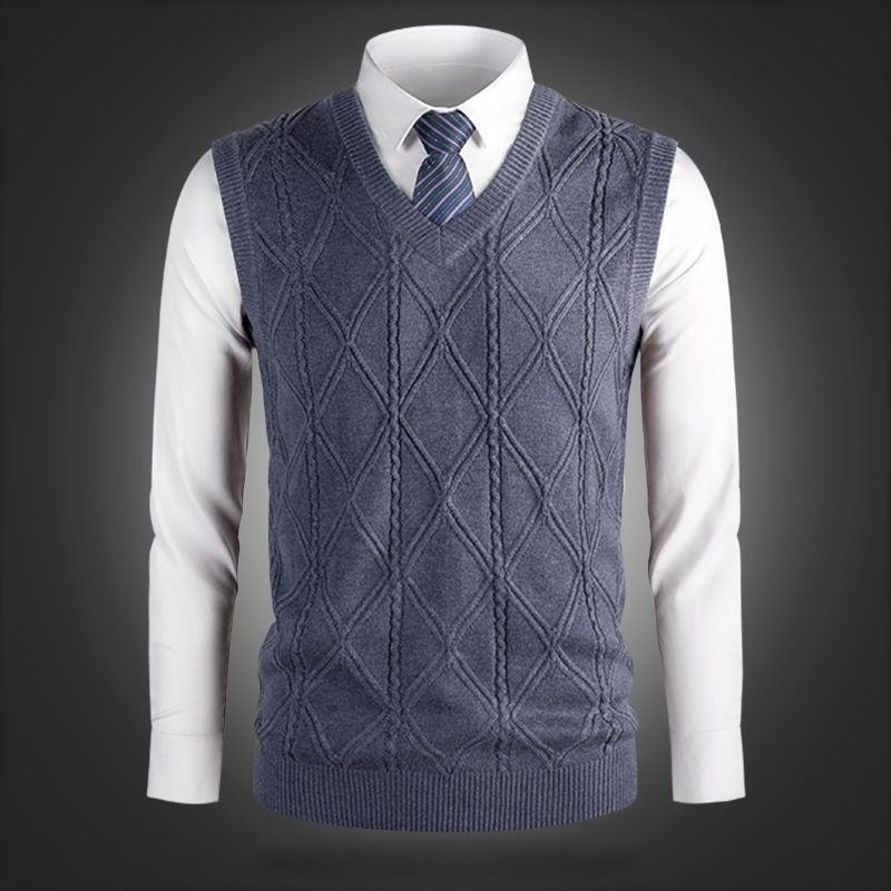Men's Wool Blend V-Neck Sleeveless Sweater Vest - Solid & Plaid Patterns, Slim Fit, Warm Knit Pullover For Casual & Office Wear_viptrois.com