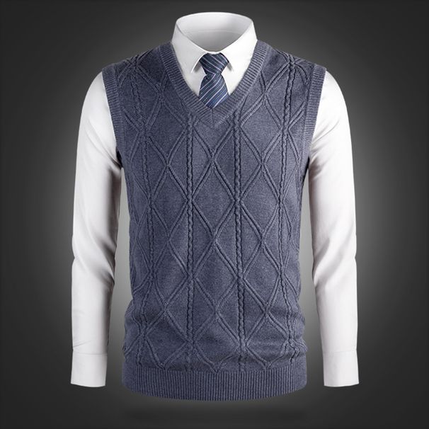 Men's Wool Blend V-Neck Sleeveless Sweater Vest - Solid & Plaid Patterns, Slim Fit, Warm Knit Pullover For Casual & Office Wear_viptrois.com