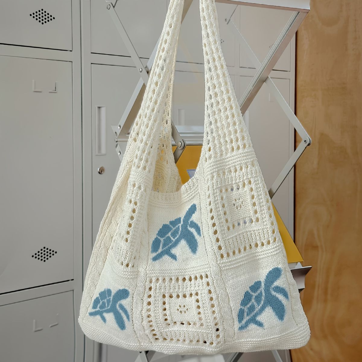 Knitted Bag Retro Hollow Hand Woven Bag Shoulder Bag Blue Turtle Women's Handbag Shopping Bag_viptrois.com
