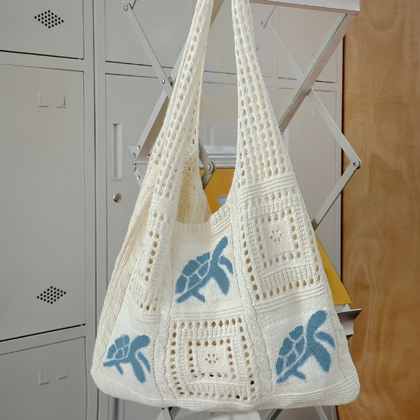 Knitted Bag Retro Hollow Hand Woven Bag Shoulder Bag Blue Turtle Women's Handbag Shopping Bag_viptrois.com
