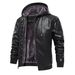 Men's Faux Leather Hooded Jacket – PU Coated Windbreaker, Warm Fleece Lined, Stylish Biker-Inspired Outerwear (S-XXXL, Dark Brown/Black/Red)_viptrois.com