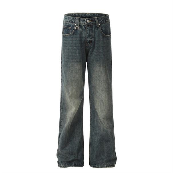 Washed Denim Men's High Street Trend Punk Distressed Frayed Hem Loose Casual Wide-Leg Straight Pants_viptrois.com