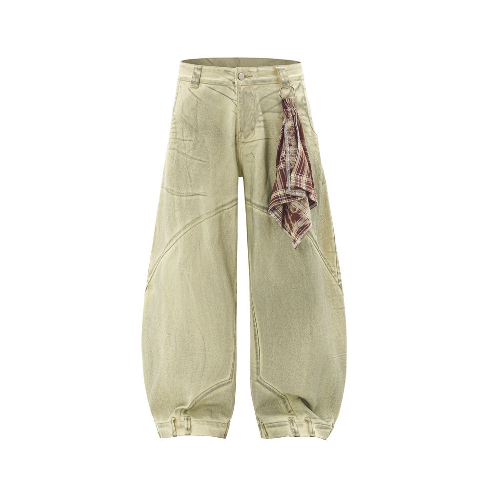 Men's Trendy Detachable Scarf Design Reversible Tie-Dye Vintage Dirty Wide-Leg Pants_viptrois.com