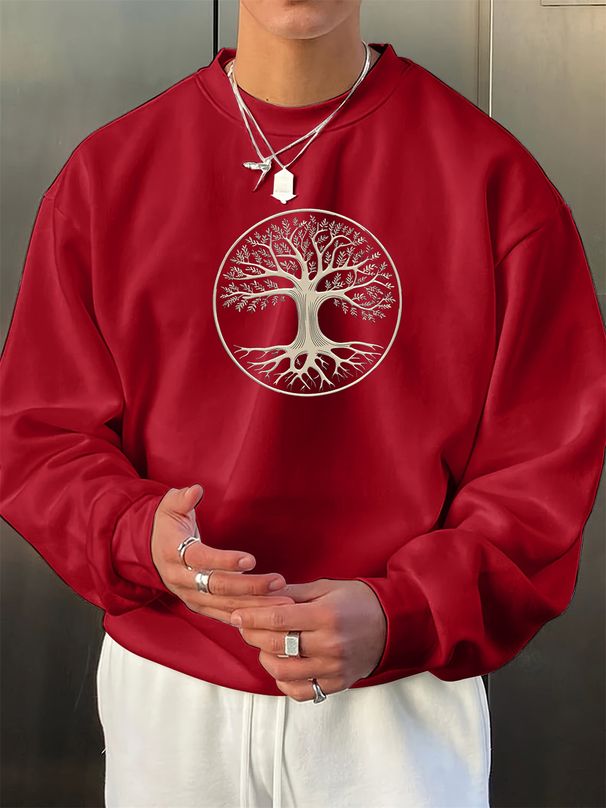 Men's Loose Casual Fashionable Tree Pattern Printed Round Neck Long Sleeved Pullover Hoodie For Autumn And Winter_viptrois.com