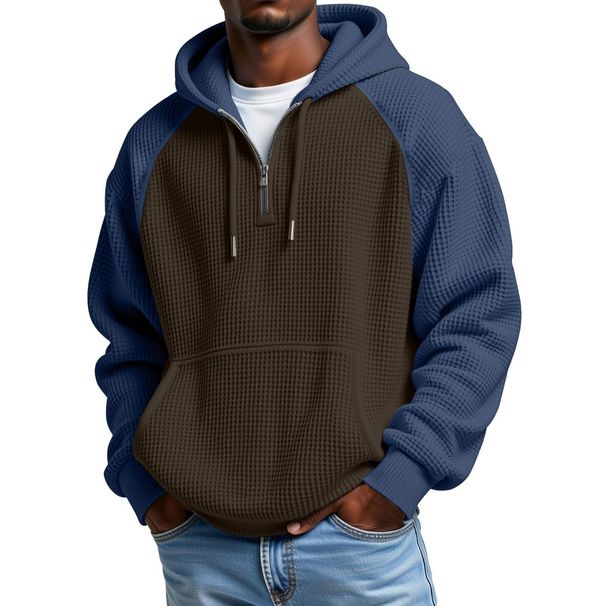 Cross-Border European And American Hot Sale Heavyweight Color-Block Waffle Trendy Long-Sleeve Hooded Jacket Loose Fit_viptrois.com