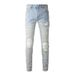 Men's Clothing Washed Cat Whisker Wrinkled Holes White Patchwork Elastic Slim Fit Skinny Jeans_viptrois.com