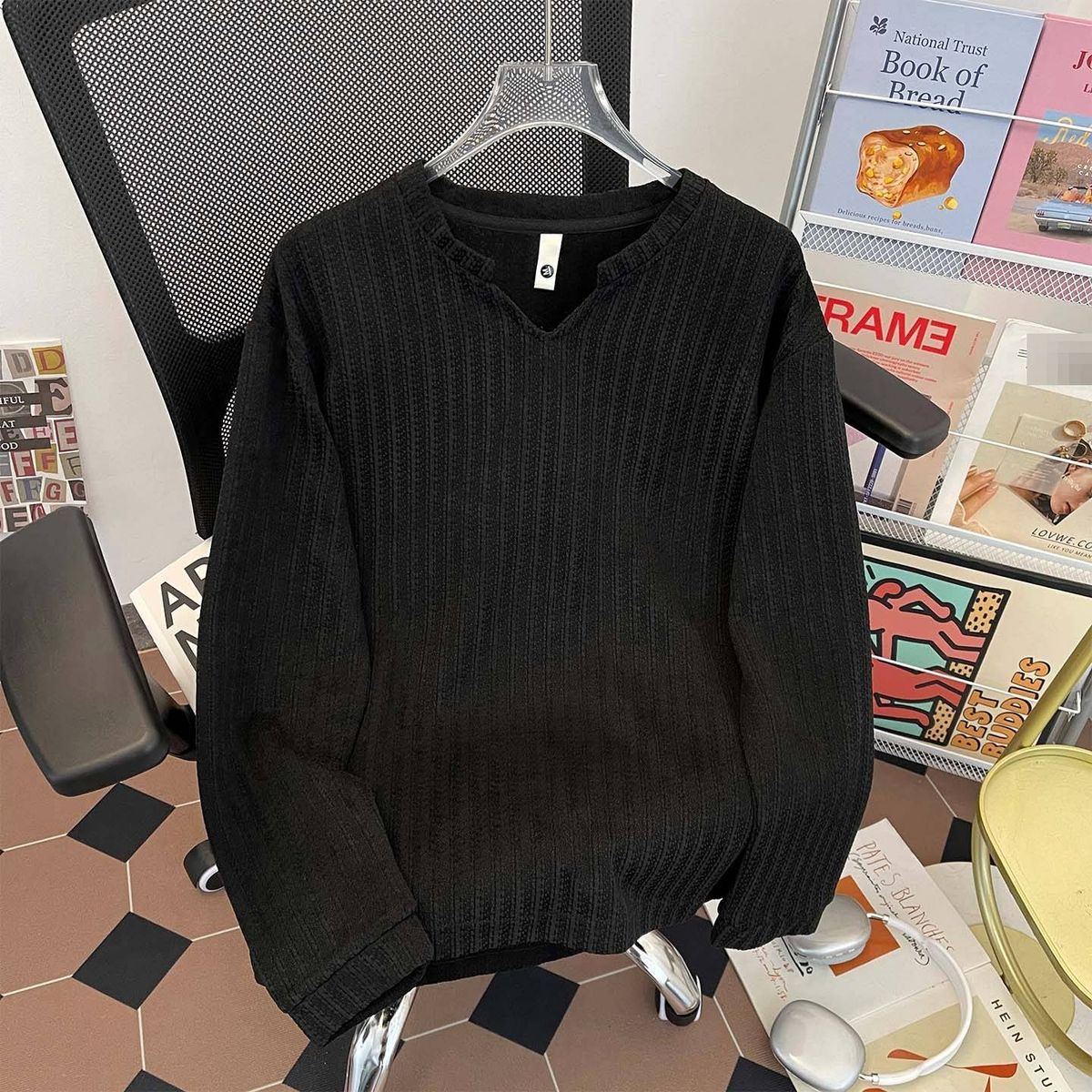 Men's Long Sleeve V-Neck Stripe T-Shirt - Loose Fit Casual Tee For Teens & Young Adults, Retro American Style_viptrois.com