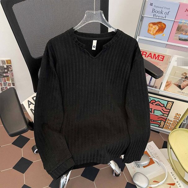 Men's Long Sleeve V-Neck Stripe T-Shirt - Loose Fit Casual Tee For Teens & Young Adults, Retro American Style_viptrois.com
