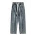 Men's Clothing Street Retro Elastic Waist Denim Men's Loose Straight Wide Leg Long Pants_viptrois.com