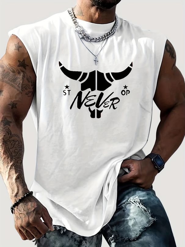 100% Cotton Men's Summer Casual Sports Fitness Loose Bull Graphic Print Breathable Round Neck Sleeveless Vest_viptrois.com