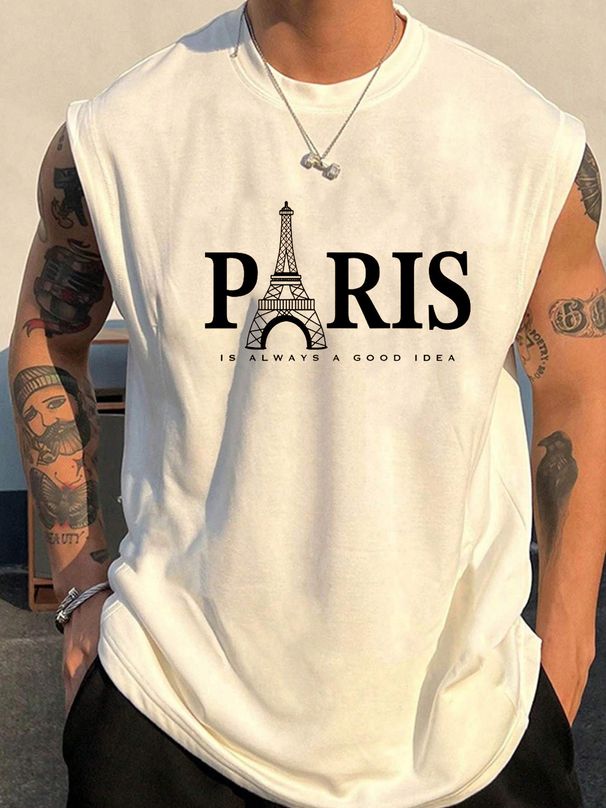 100% Pure Cotton Men's Summer Casual Sports Fitness Loose Paris Pattern Printed Breathable Round Neck Sleeveless Vest_viptrois.com