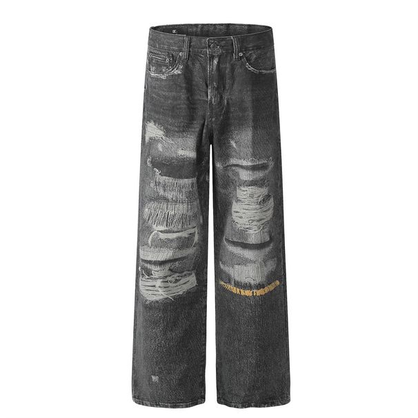 Unique High Street 3D Digital Direct Print Distressed Printed Jeans Men's Trendy Brand Washed Wide-Leg Straight Long_viptrois.com