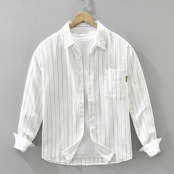 Striped Linen Long Sleeved Shirt For Men, Fashionable And Versatile, Artistic And Casual Loose Top_viptrois.com