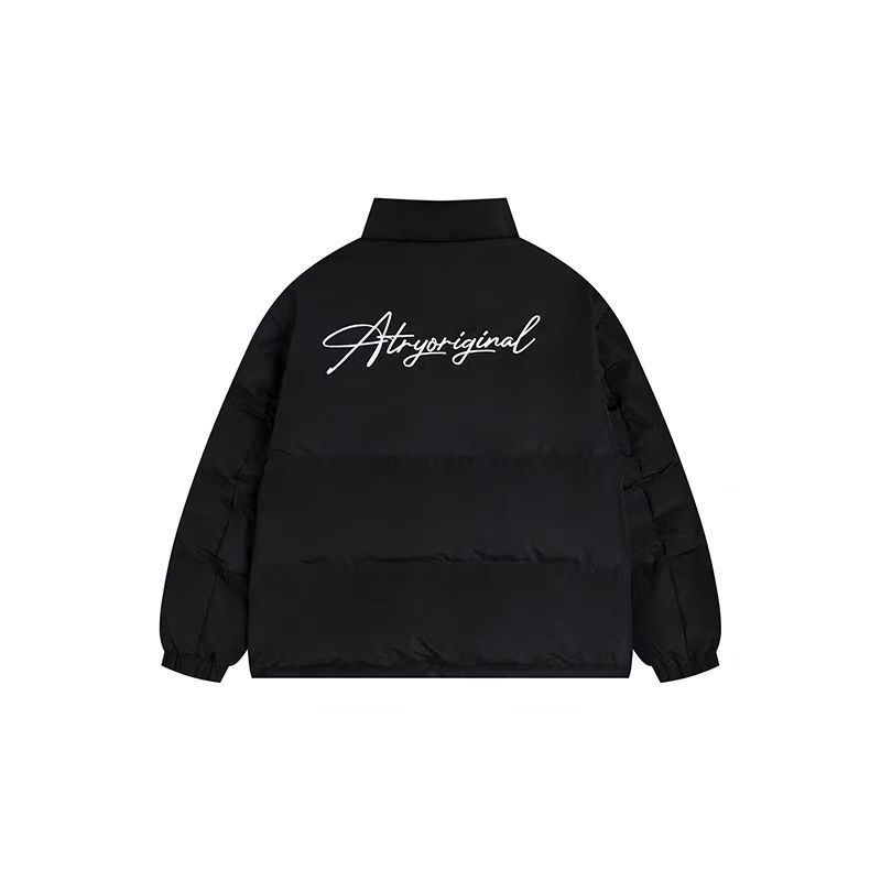 Black One-Piece Letter Down Cotton For Men, Winter High-End Korean Style Unisex Stand Collar Short Puffer Jacket_viptrois.com