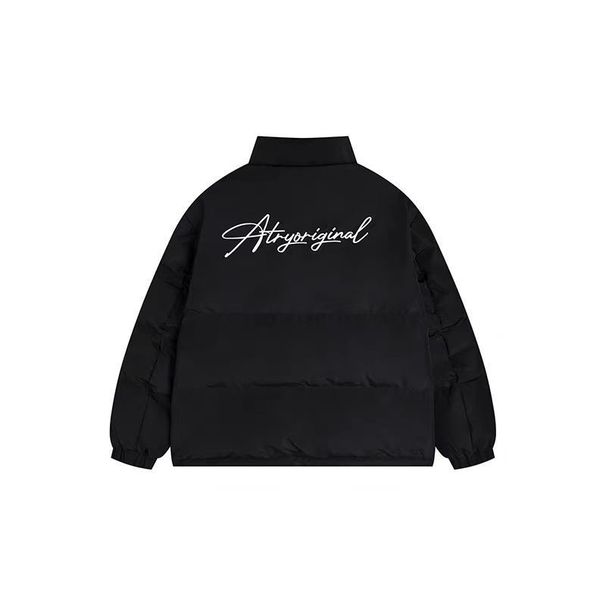 Black One-Piece Letter Down Cotton For Men, Winter High-End Korean Style Unisex Stand Collar Short Puffer Jacket_viptrois.com