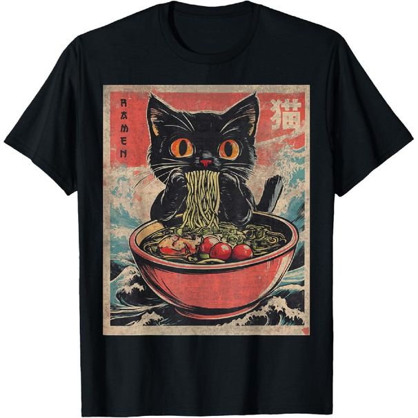 Camisetas Gráficas Divertidas Algodón Cómodo Con Diseño Ramen Japonés, Regalos Anime De Gato Kawaii_viptrois.com