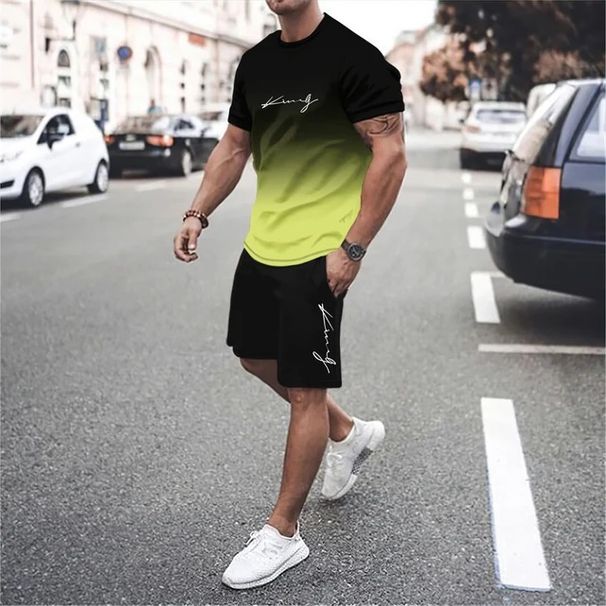 Summer Men's 3D Digital Print T-Shirt And Shorts Set Gradient Color Short Sleeve Two Piece Suit Simple Letter Pattern_viptrois.com