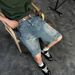 Unisex Summer Denim Shorts 2026 Retro American Patchwork Design Loose Fit Five Point mid Waist Blue with Pockets Machine Washable_viptrois.com