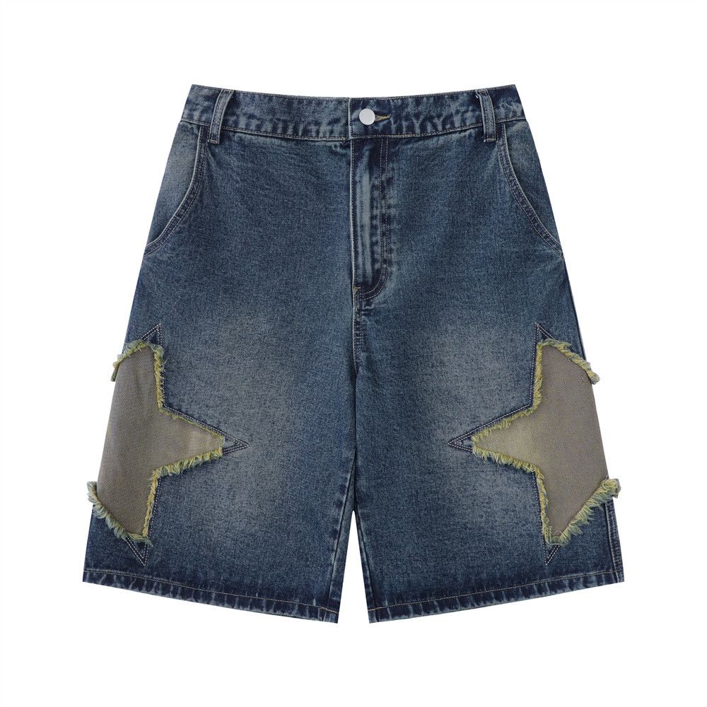 Man's clothing Applique embroidered denim shorts Men's High street chic quarter pants loose straight mid-leg trousers_viptrois.com