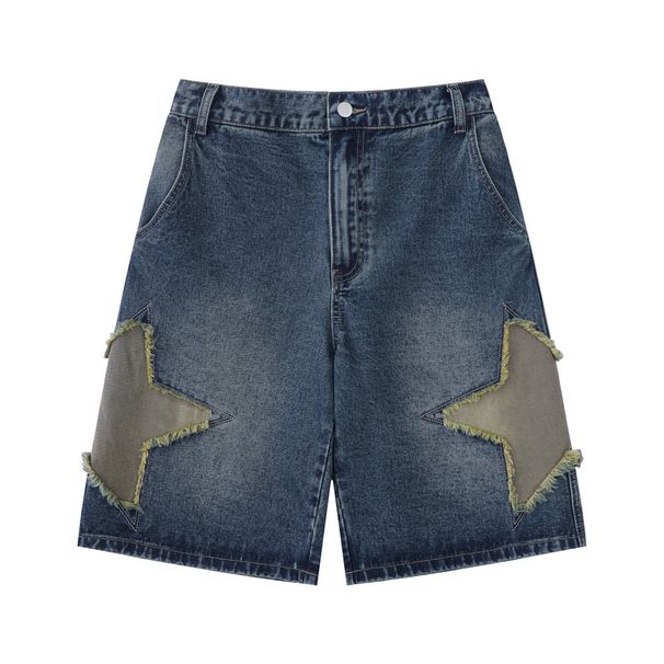 Men's Clothing Men's Denim Shorts Pasted Star Embroidered Denim Shorts For Men's Summer Vibe High Street Trendy Five Piece Loose Straight Leg Pants_viptrois.com