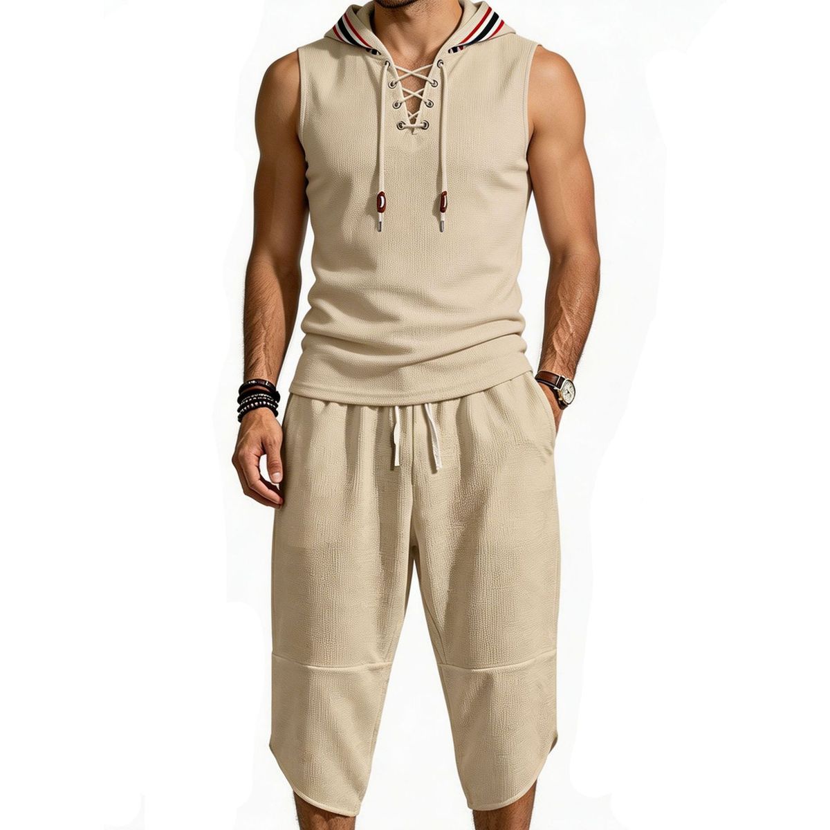 Men's Casual Loose Cropped Sports Two Piece Set Style Waffle Sleeveless Hooded Vest With Pants_viptrois.com