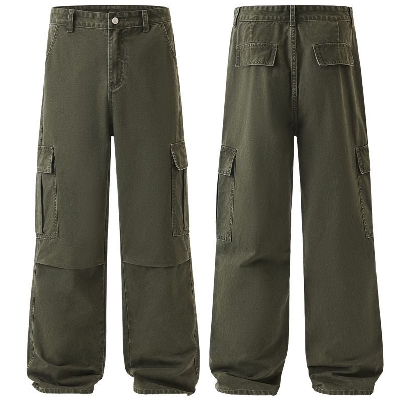 Men's Clothing & Archer0603 & American Trendy Stonewashed Loose Wide Leg Straight Cotton Paratrooper Green Workwear Jeans For Men_viptrois.com
