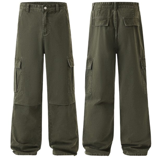 Men's Clothing & Archer0603 & American Trendy Stonewashed Loose Wide Leg Straight Cotton Paratrooper Green Workwear Jeans For Men_viptrois.com