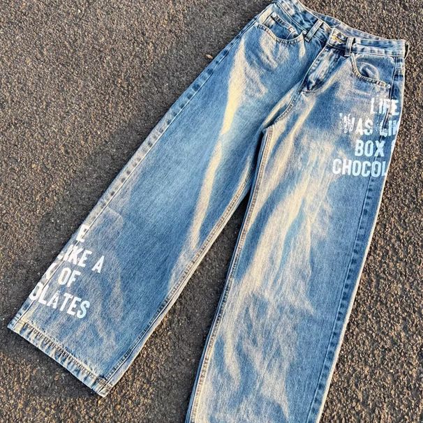 Men's Clothing High Street Whitening Digital Direct Injection Letter Denim Trousers Men And Women Street Retro Loose Washed Straight Jeans Trend_viptrois.com