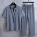 Men's Clothing Short Sleeved Ice Silk Linen Suit Men's Summer Large Size Loose Mid Sleeve T Shirt Cotton And Linen Dad Two Piece Suit_viptrois.com
