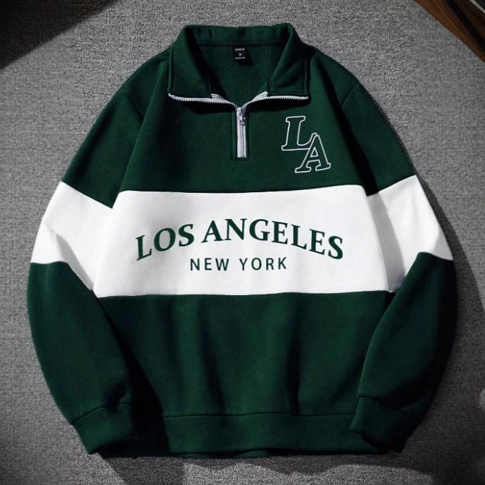 Men's Heavyweight Casual Streetwear Pullover With Los Angeles Lettering & Geometric Print – Relaxed Fit Polo Collar Long Sleeve Tee_viptrois.com