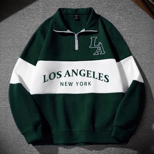 Men's Heavyweight Casual Streetwear Pullover With Los Angeles Lettering & Geometric Print – Relaxed Fit Polo Collar Long Sleeve Tee_viptrois.com
