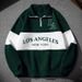 Men's Heavyweight Casual Streetwear Pullover With Los Angeles Lettering & Geometric Print – Relaxed Fit Polo Collar Long Sleeve Tee_viptrois.com
